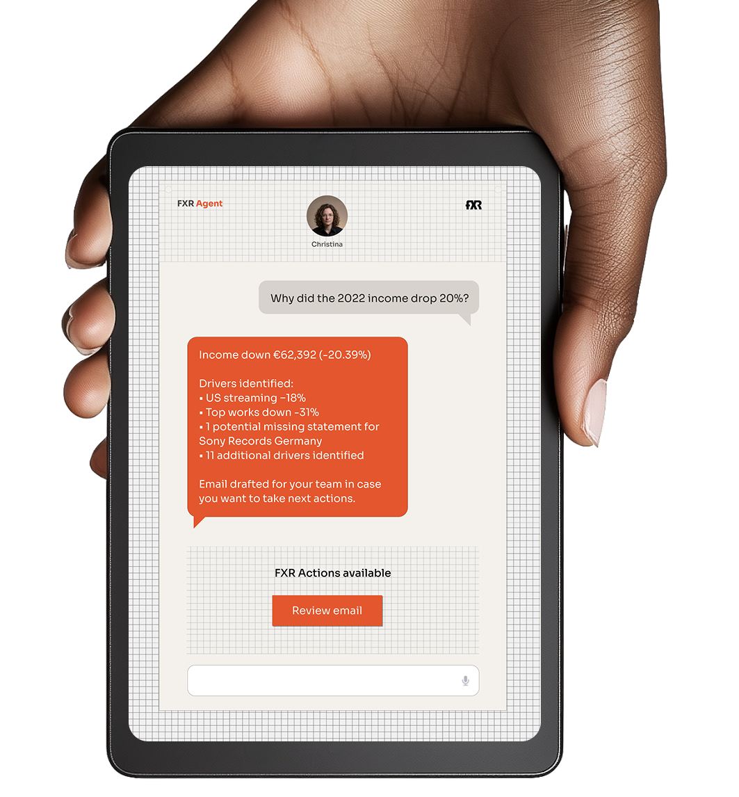 AgentFXR interface on a tablet showing royalty analysis