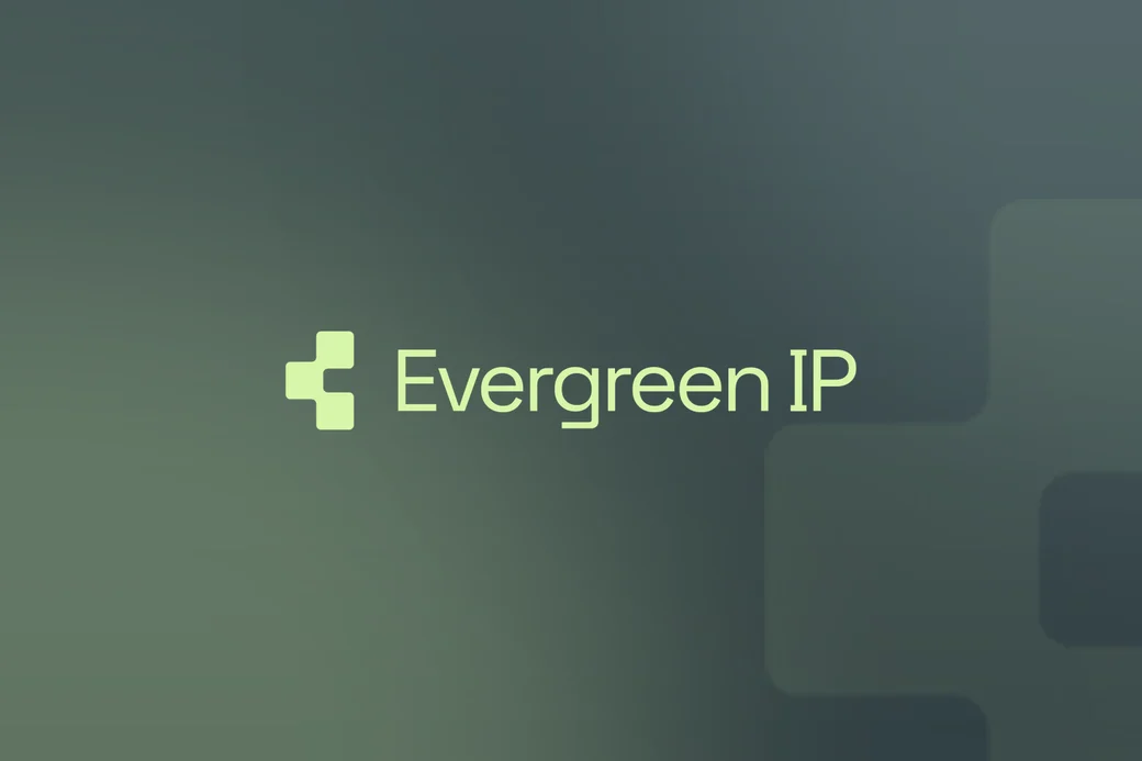 Evergreen IP wordmark in lime green on a dark slate background.